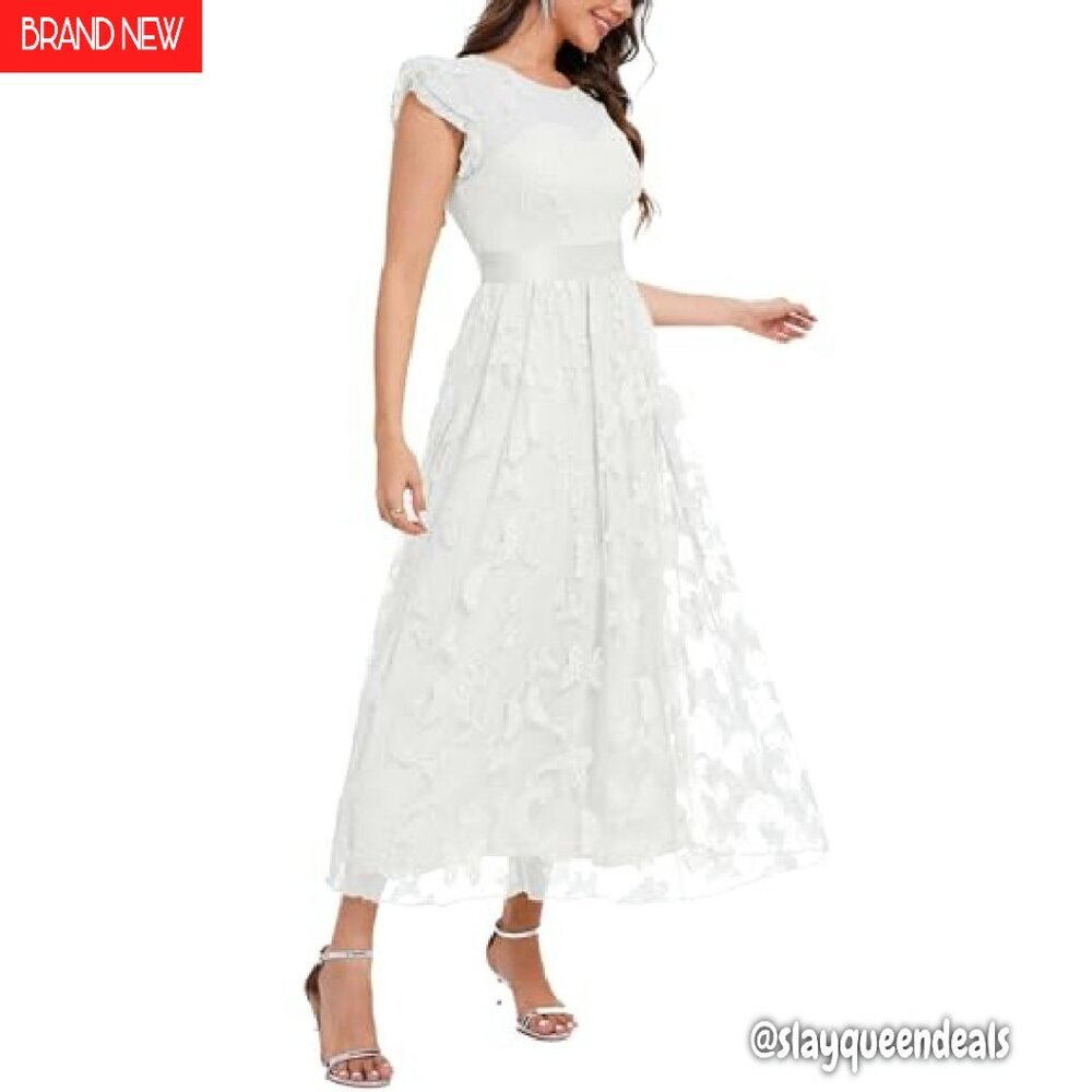 Flowy Tulle Midi Dress with Ruffle Sleeves Lace Trim Formal Party - Picture 3 of 8